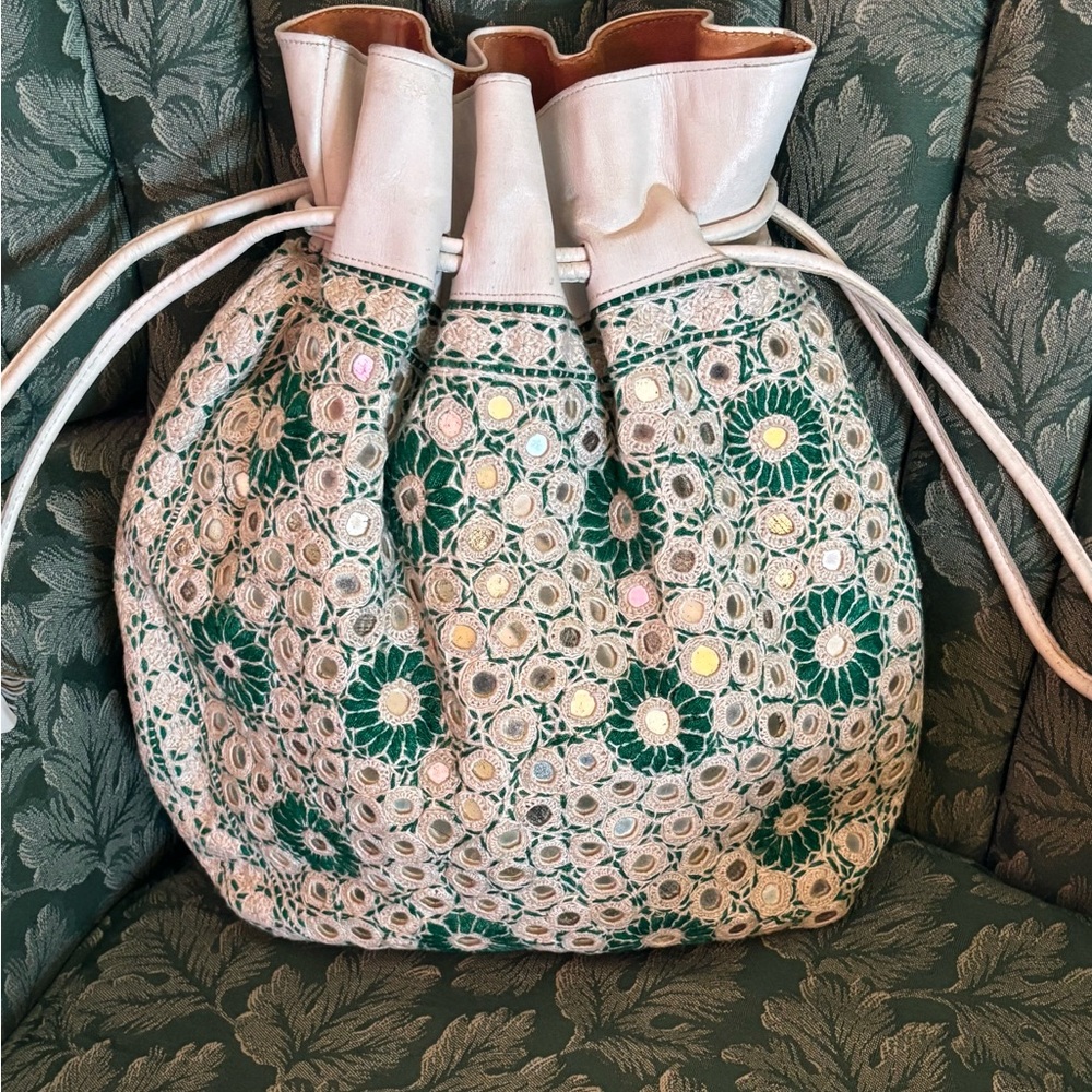 Leather and Crochet Drawstring Hobo Bag in Cream and Green - Picture 1 of 12